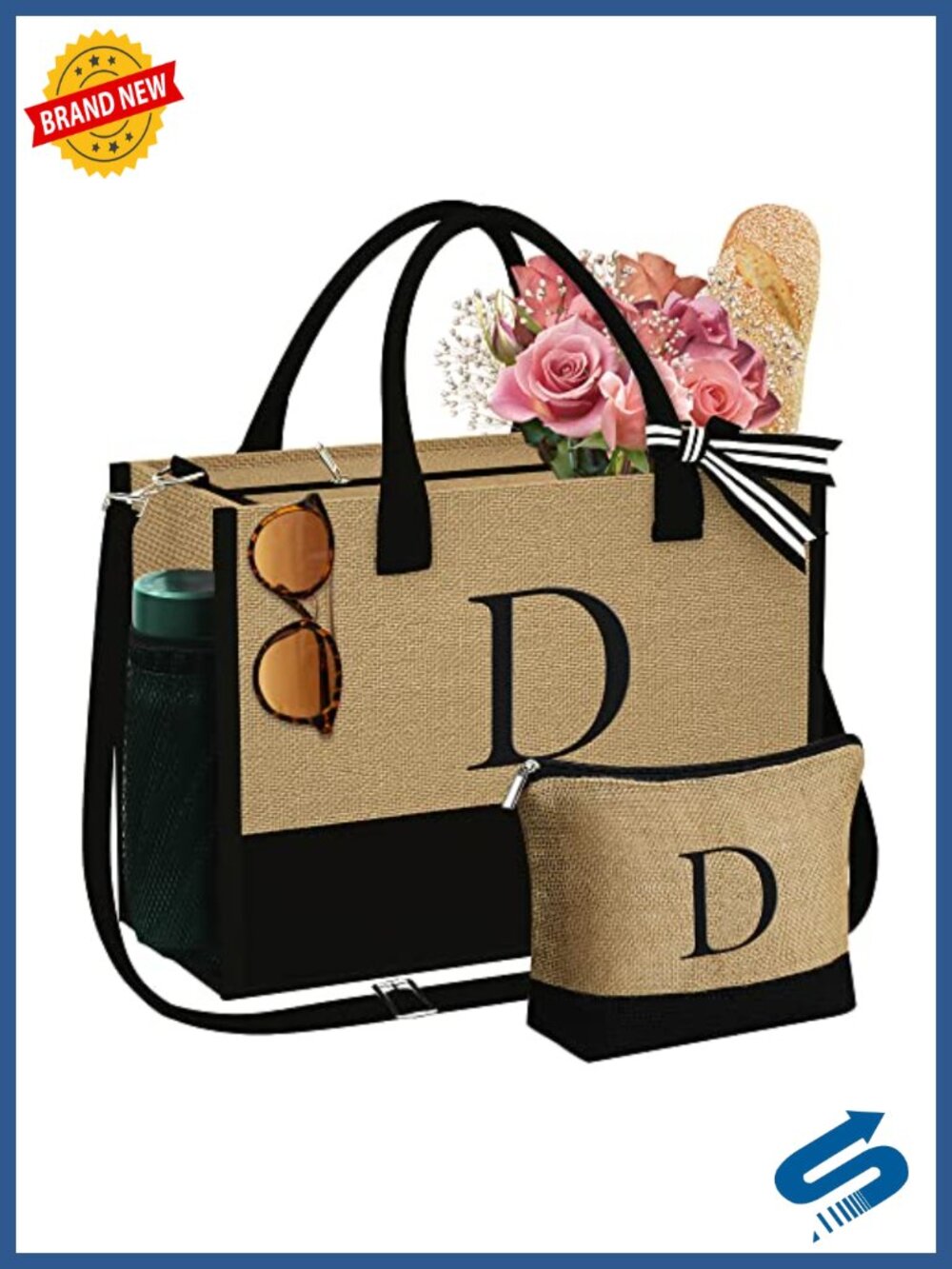Personalized Initial Jute Tote Bag & Makeup Bag Set, Large Capacity, Adjustable